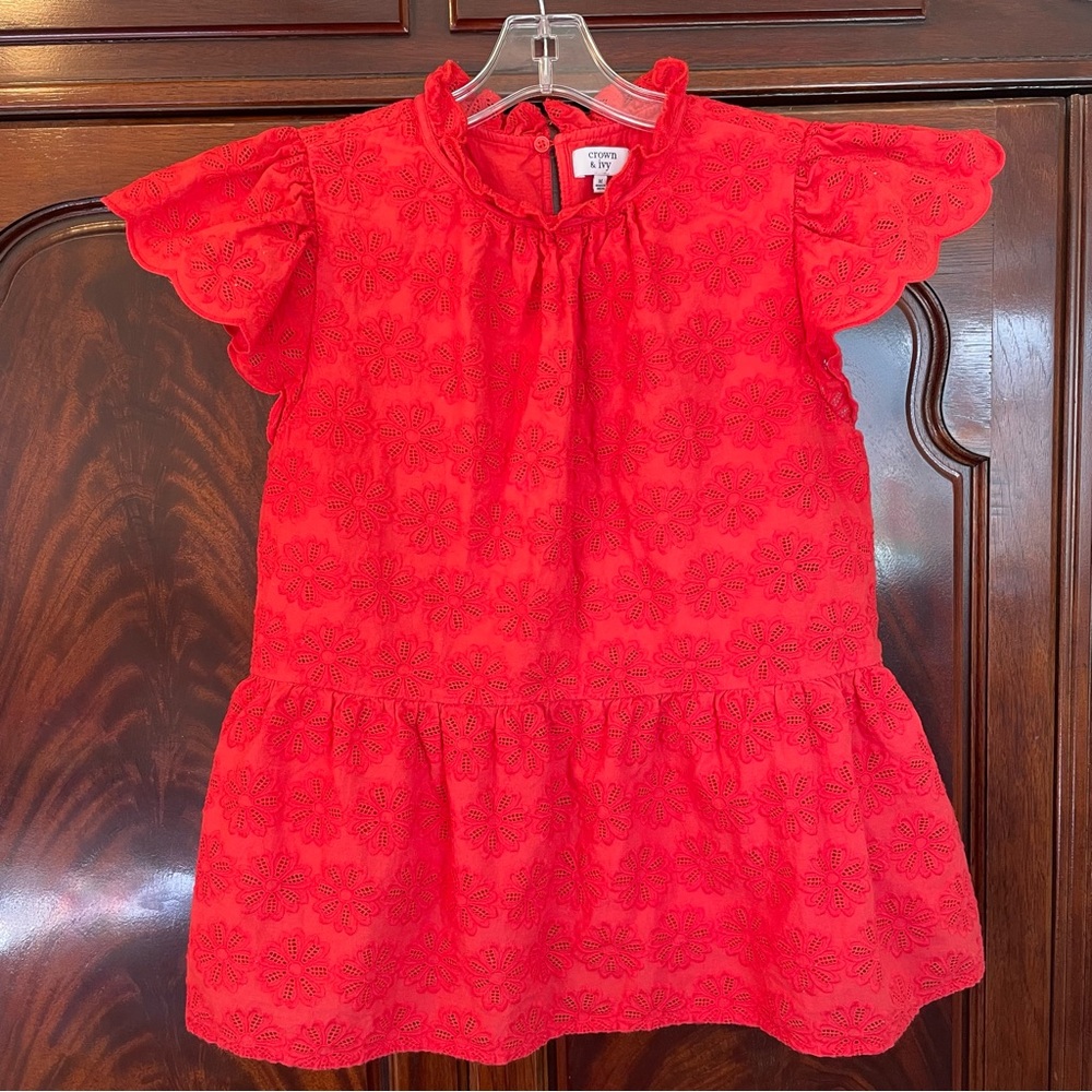 Red Eyelet Blouse with Ruffled Sleeves